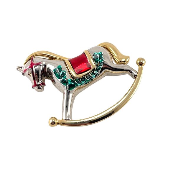 Unbranded Rocking Horse Pin Brooch Gold Tone Enameled Red Green Silver 2" - Picture 4 of 6